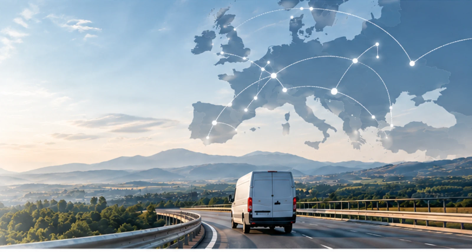 Delivery van on a European road beneath a connected Europe network map.